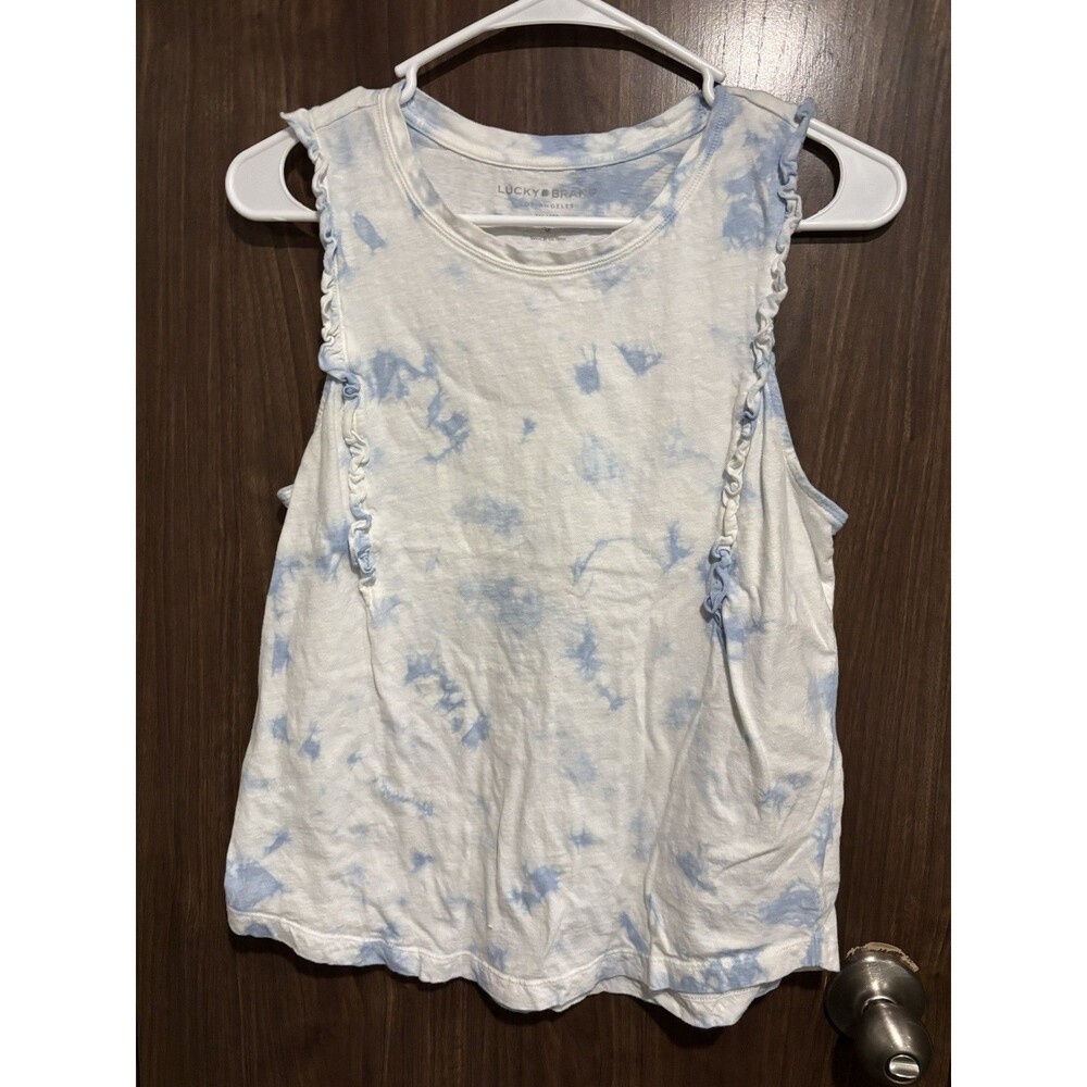 Lucky Brand Sleeveless Tank Top Shirt Women's S Ruffle Trim Tie Dye Blue White